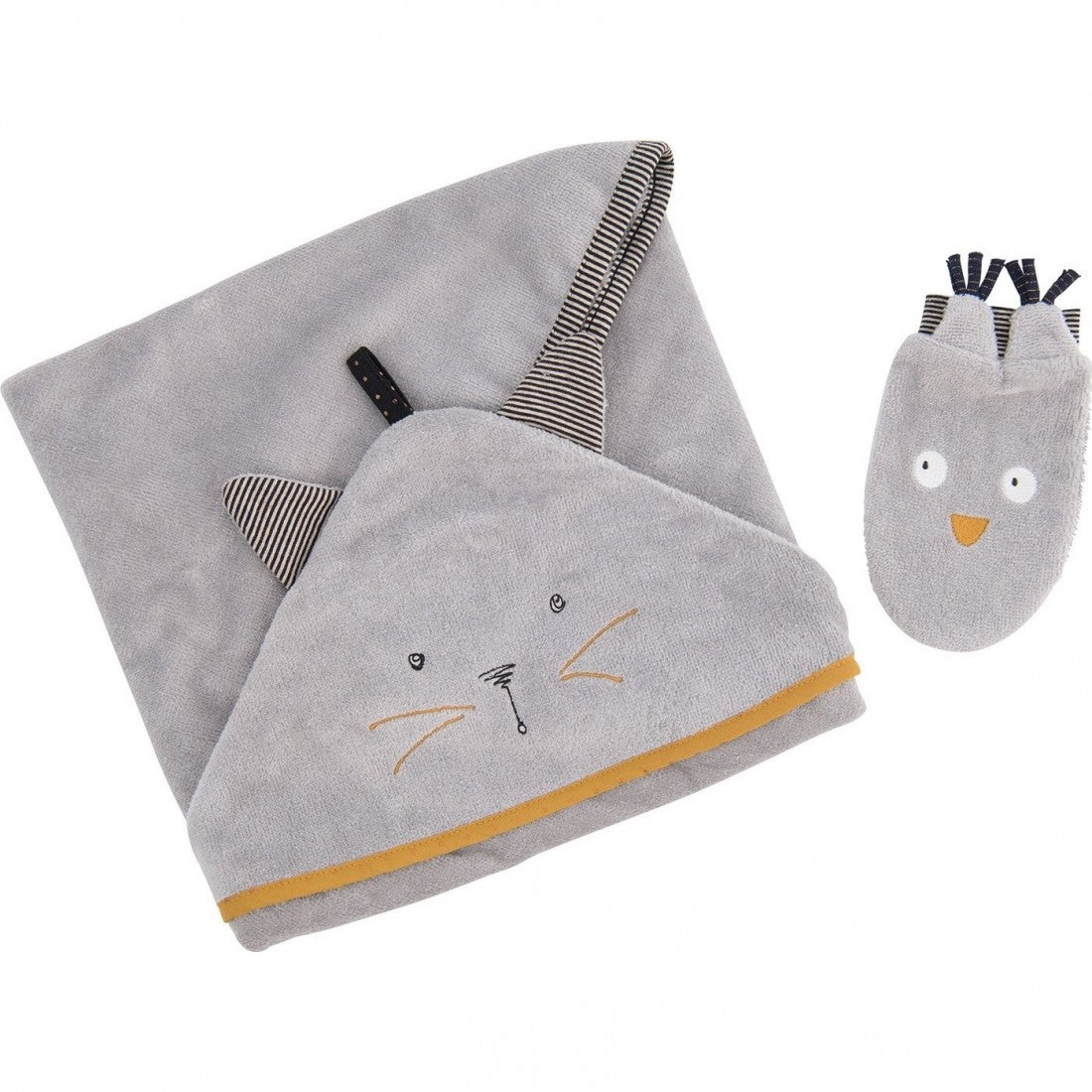 Coffret cape de bain chat gris et gant hibou Brodline