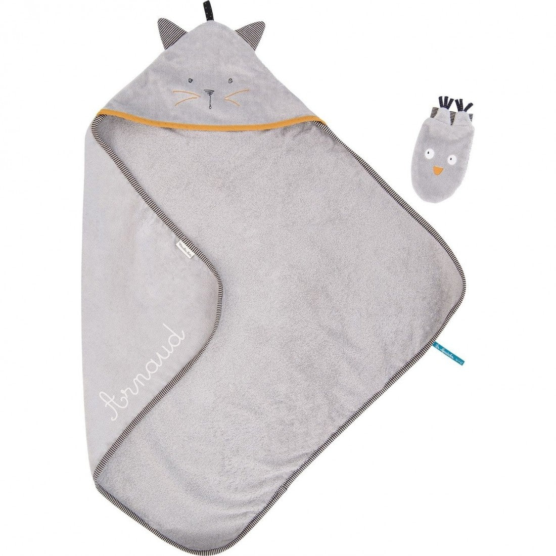 Coffret cape de bain chat gris et gant hibou Brodline