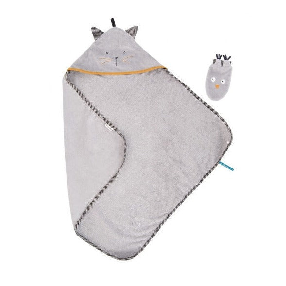 Coffret cape de bain chat gris et gant hibou Brodline