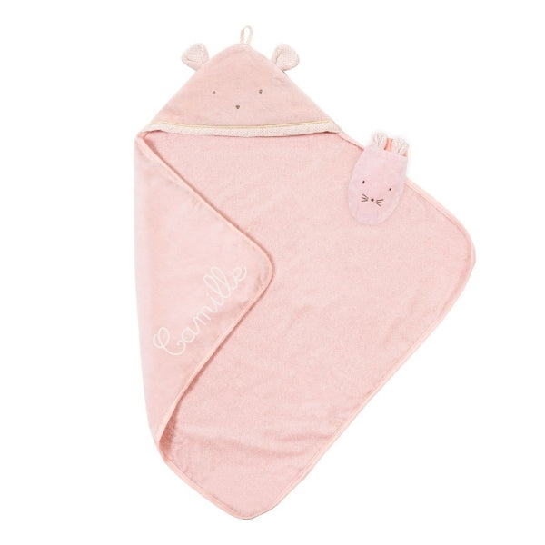 Cape de bain personnalisée et gant petite souris rose poudré Brodline