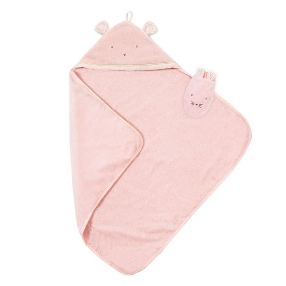 Cape de bain personnalisée et gant petite souris rose poudré Brodline